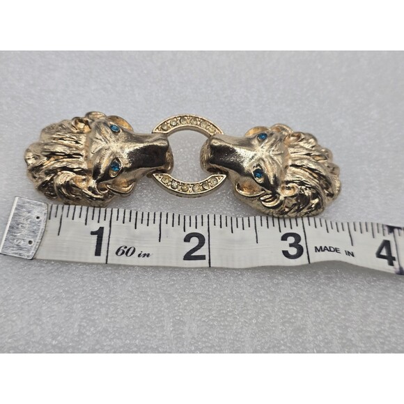Rare Vtg Gold Tone Two Tiger Heads Green Belt Buckle With Green Bedazzled Eyes